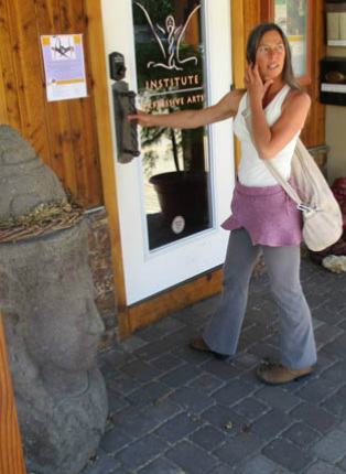 Skirt over pants in plum at yoga studio